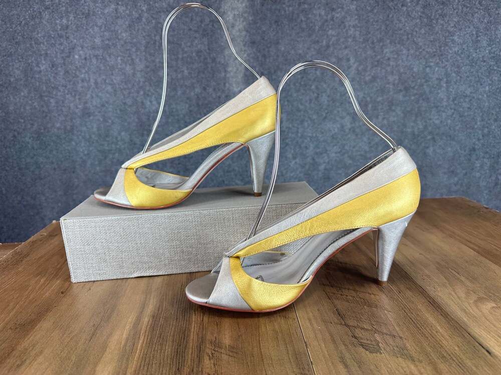 Farylrobin Anthropologie Womens Size 9 Metallic Silver Gold Peep Toe Heels